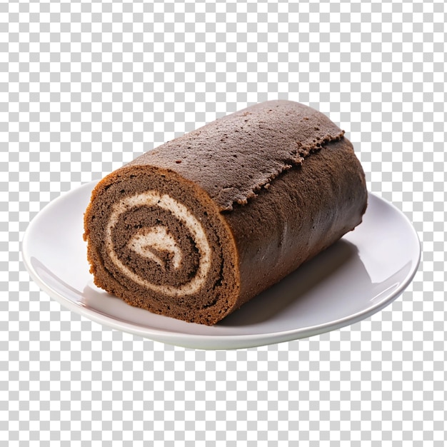 Chocolate swiss roll on white plate isolated on transparent background