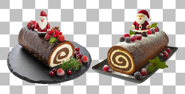 PSD chocolate yule log cakes versierd met de kerstman en holly berries op transparante achtergrond