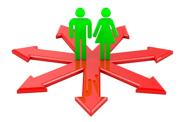 PSD choice concept couple of man and woman with arrows 3d rendering isolated on transparent background