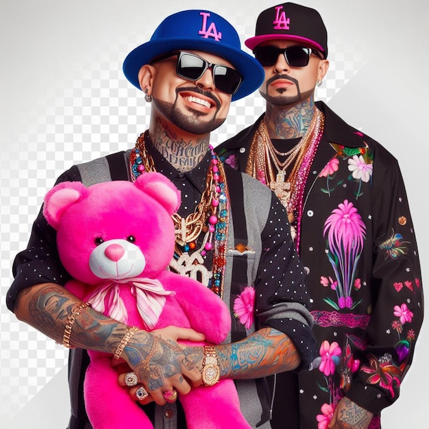 PSD cholo gangster gang member with pink stuffed teddy bear pet posing as a king pin face png