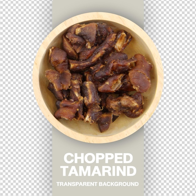 PSD chopped tamarind in wooden bowl top view