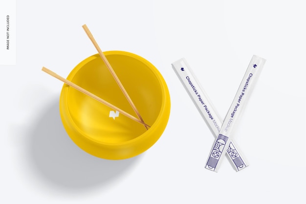 Chopsticks paper packages mockup with bowl