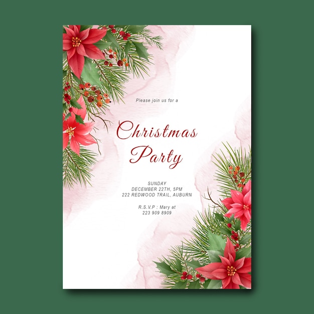 PSD chrismas party template with pine leaf decoration and christmas ornaments