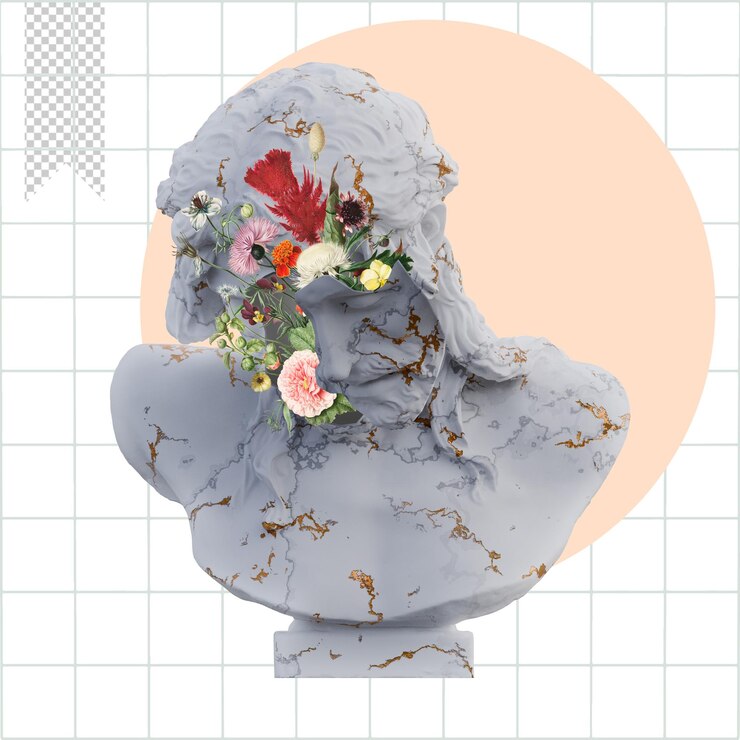 PSD christ on the crucifix statues 3d render collage with flower petals compositions for your work
