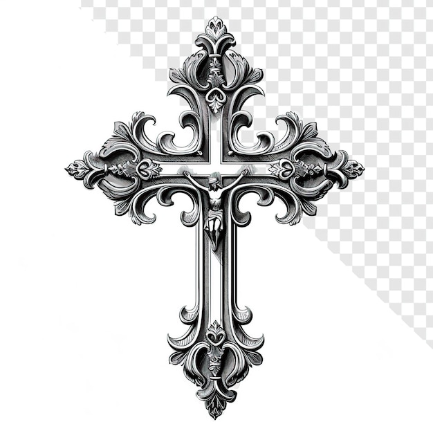 PSD christianity cross in black and white illustration on transparent background