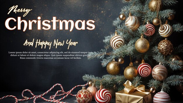 PSD クリスマスと新年の背景 xmas pine fir lush tree candy cane from cookies golden gifts bo