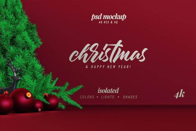 装飾的な松の木と枝とクリスマスの背景のモックアップ正面図