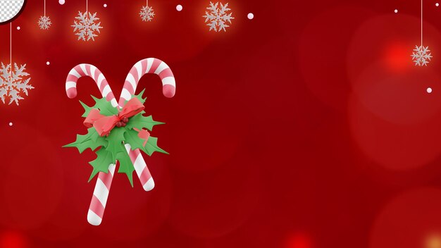 クリスマスの背景に赤の背景にキャンディースティック、コピースペース付きの雪片