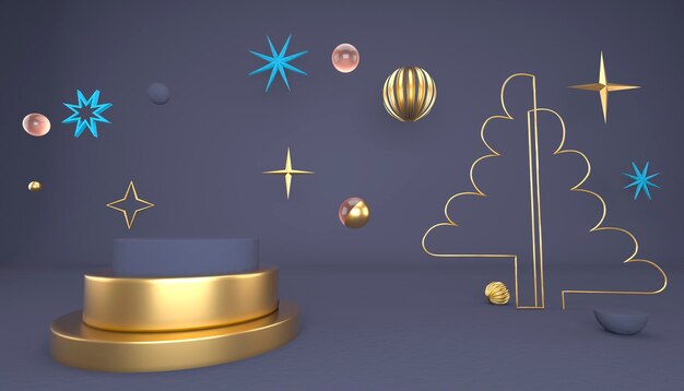 クリスマスツリーと製品展示のためのステージとクリスマスの背景。 3dレンダリング。