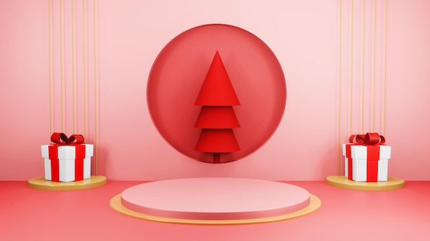 christmas background with christmas tree and stage podium for product display 3d rendering