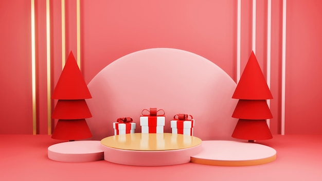 christmas background with christmas tree and stage podium for product display 3d rendering