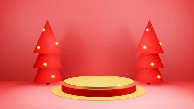 Christmas background with Christmas tree and stage podium for product display 3d rendering