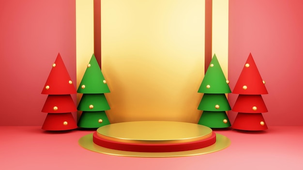 PSD sfondo di natale con albero di natale e palco per la visualizzazione del prodotto rendering 3d