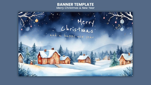 Christmas background with watercolor ornaments and copy text space