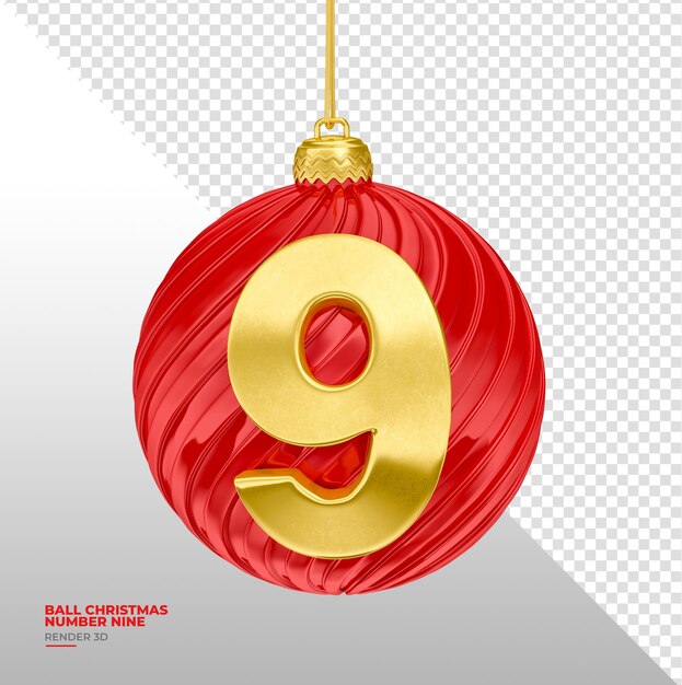 Christmas ball with number nine in realistic 3d render with transparent background