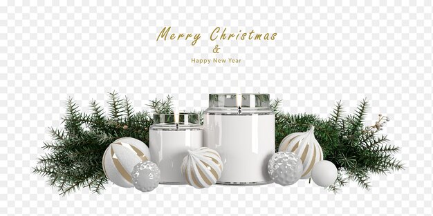 Christmas balls and pine leafs in 3d rendering