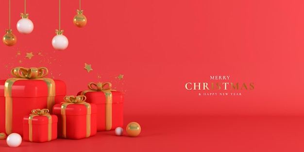 Christmas banner background with gifts and decoration 3d rendering