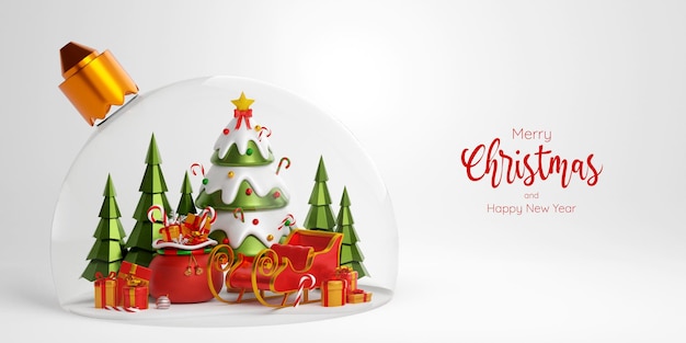 Christmas banner of christmas tree, sleigh and gift bag in christmas ball, 3d illustration