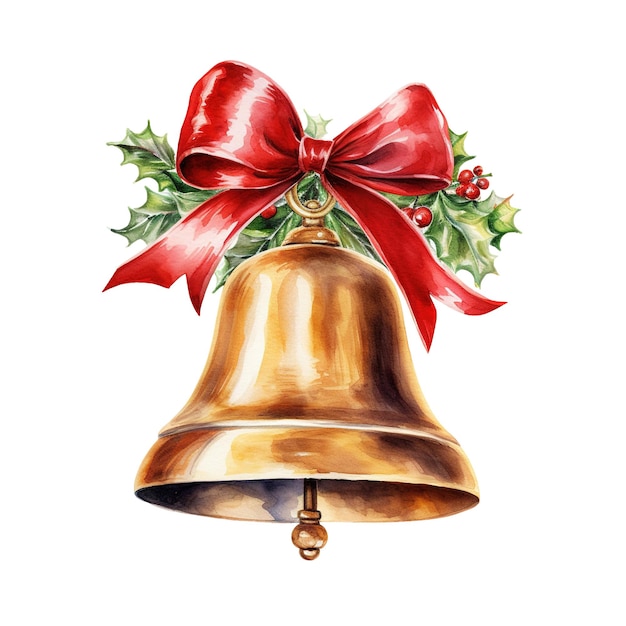 PSD christmas bell with bow ties for christmas event watercolor style ai generated