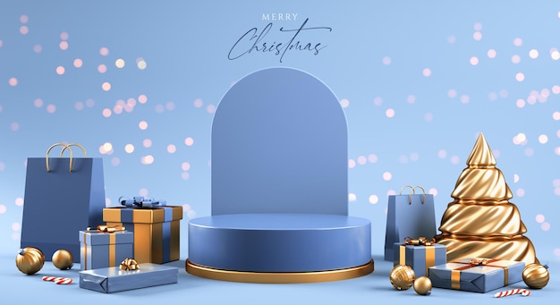 christmas blue podium pedestal with decorative stuff for product presentation