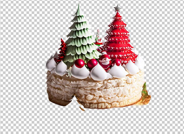 PSD クリスマス ツリーの甘いフィギュアで飾られたクリスマス ケーキ サンタ クマ鹿モミの木のそり