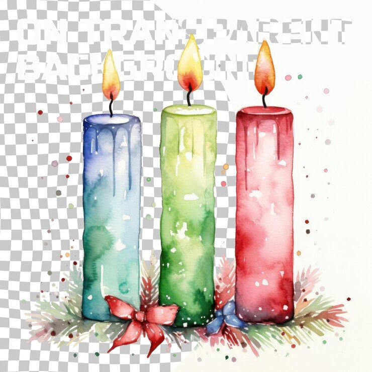 PSD christmas candle watercolor set with holiday themed decorative card transparent background