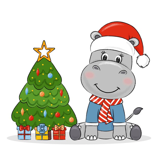 PSD christmas card hippopotamus with fir tree and gifts
