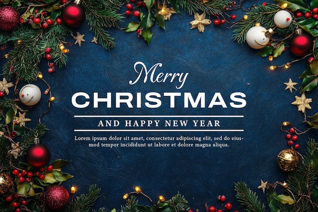 a christmas card with a christmas tree and a blue background with a christmas ornament