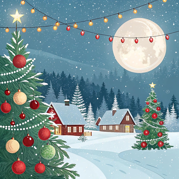 PSD a christmas card with a christmas tree and a house in the background