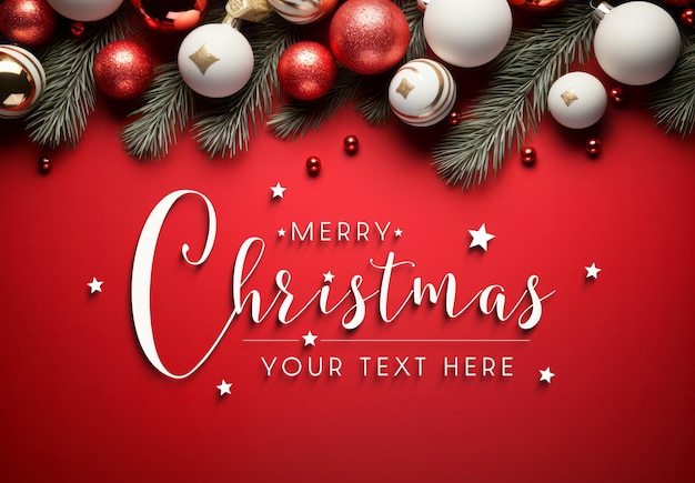 PSD christmas card with decorations on red background mockup