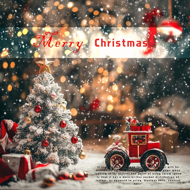 赤い車とクリスマスツリーを背景にしたクリスマスカード