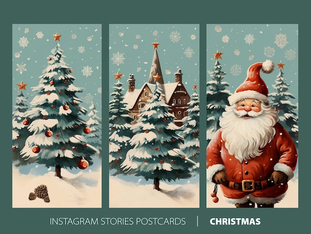 PSD Рождественская открытка с санта-клаусом и деревьями