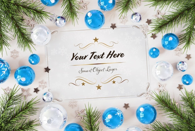 Christmas card on wooden surface with Christmas ornaments Mockup