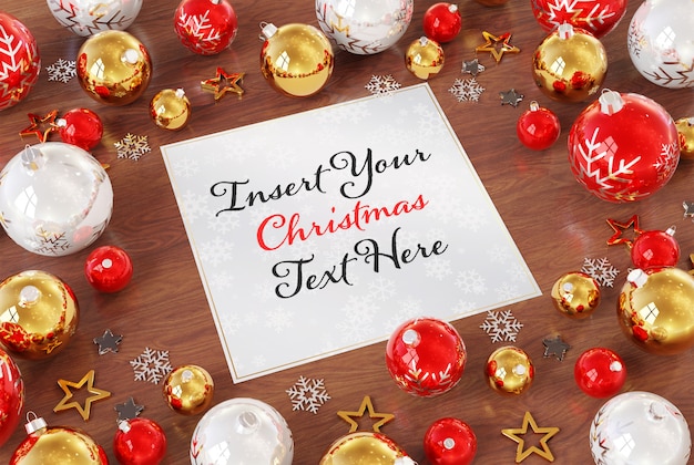 Christmas card on wooden surface with christmas ornaments mockup