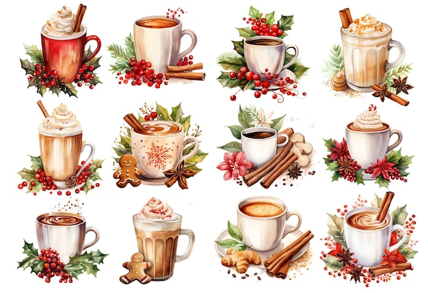 Set di clipart per sublimazione dell'acquerello tardivo del caffè di natale