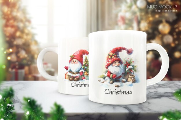 PSD christmas coffee mug mockup of two white cups on holiday background with christmas tree
