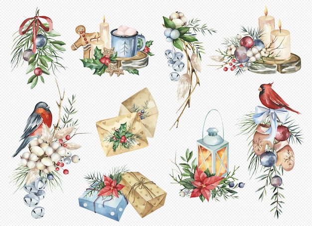 PSD composizioni natalizie e mazzi di oggetti d'arte insieme isolato decorazioni natalizie di rami di abete
