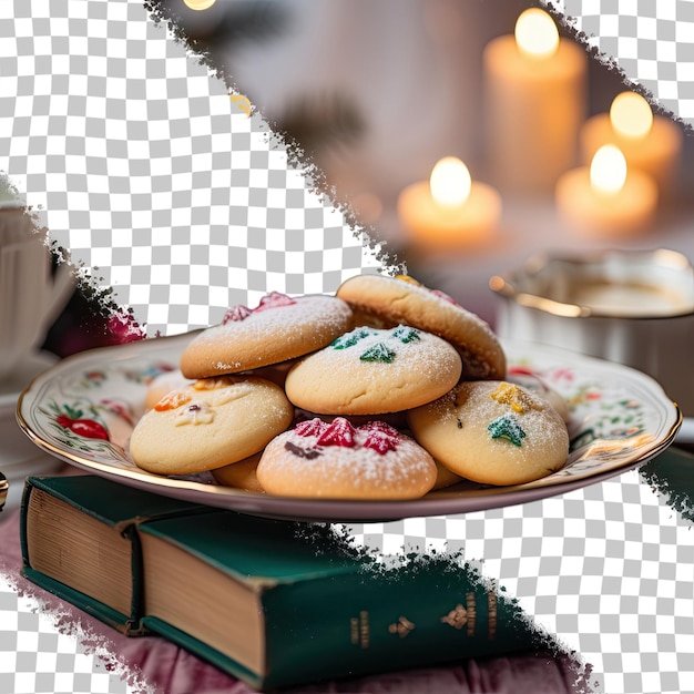 Christmas cookies on plate with book behind it