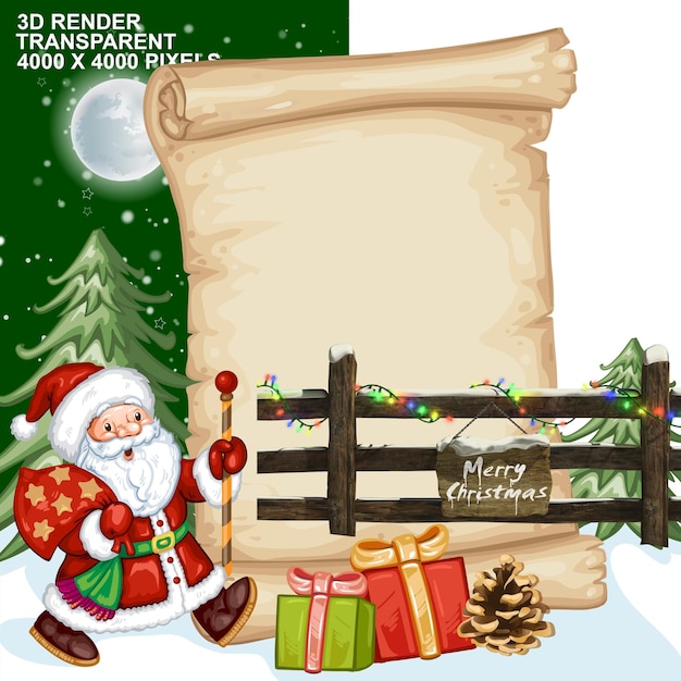 PSD christmas day santa claus on sleigh with poster design and many kids wear elf costume