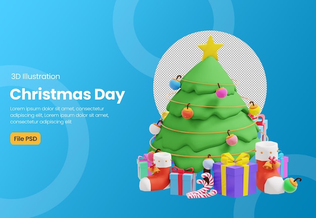 Рождественская тема 3d иллюстрация с елкой и подарочной коробкой