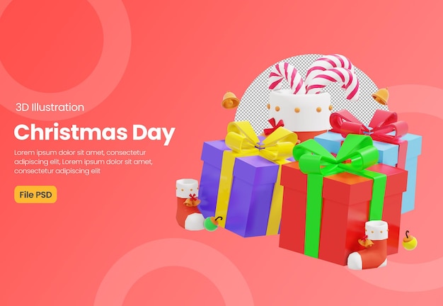 Illustrazione 3d del tema del giorno di natale con confezione regalo