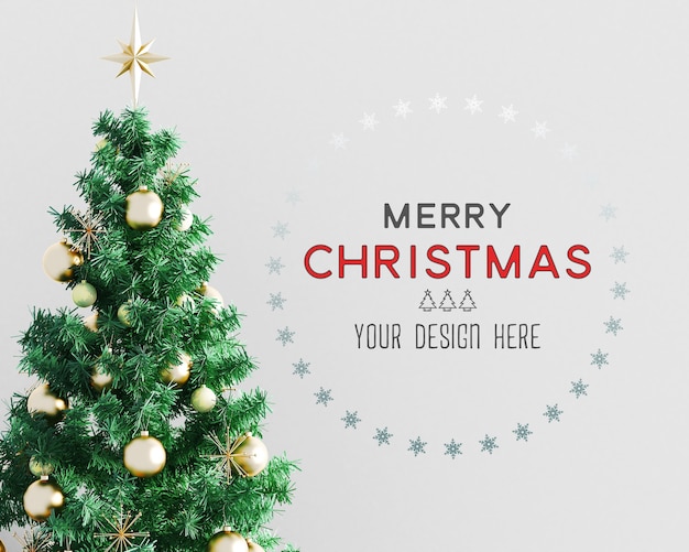 PSD christmas decoration with christmas tree and wallpaper mockup