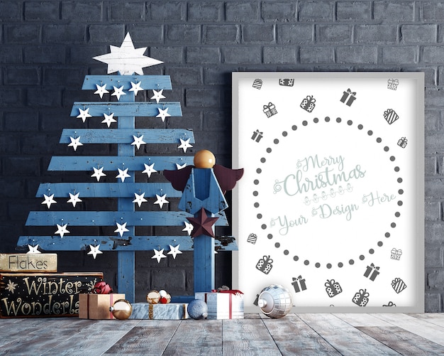 Christmas decoration with frame mockup, Christmas tree and gift boxes