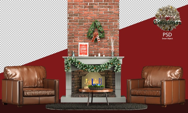 PSD christmas decoration with warm and rustic furnitures and cozy sofa fireplace coffee table bowl