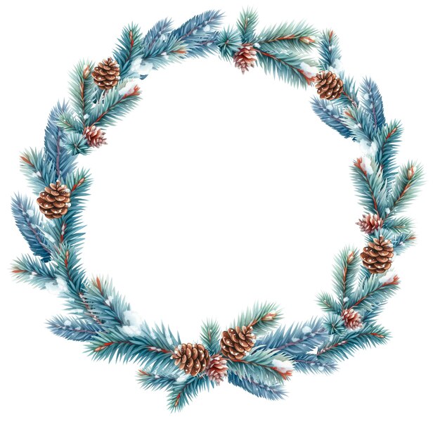 Christmas decorative wreath frame spruce fir branches with cones watercolor illustration