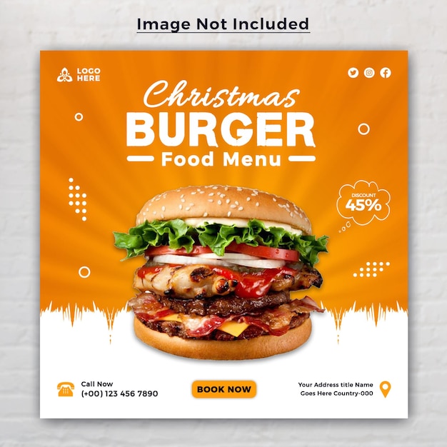 크리스마스 맛있는 버거와 음식 메뉴 소셜 미디어 배너 템플릿