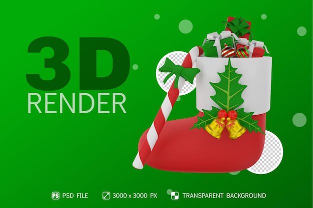 Il design natalizio con il calzino, le bacche di agrifoglio, le scatole regalo e le caramelle 3d render hanno isolato lo sfondo