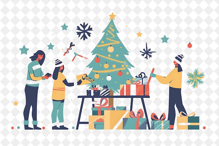 PSD christmas diy workshop with characters making holiday themed illustration christmas art design