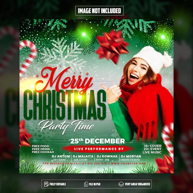 Christmas dj party flyer social media post template psd