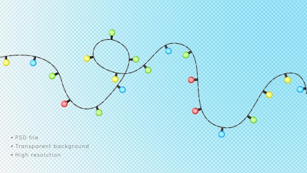 PSD 透明な背景に分離された輝きの色の電球とクリスマスの電気花輪。 3dレンダリング